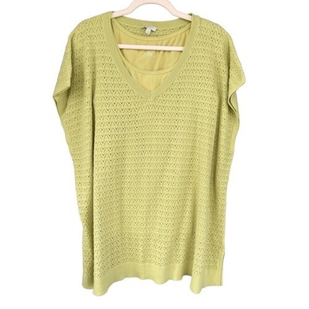 T7 Talbots Sweater Set Pointelle Knit V-Neck Pullover 2 Piece Lime Green XL L/XL